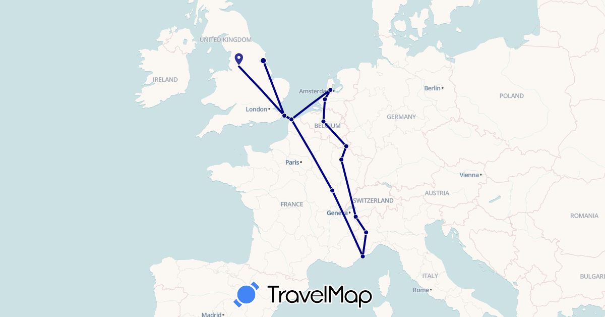 TravelMap itinerary: driving in Belgium, France, United Kingdom, Italy, Luxembourg, Monaco, Netherlands (Europe)